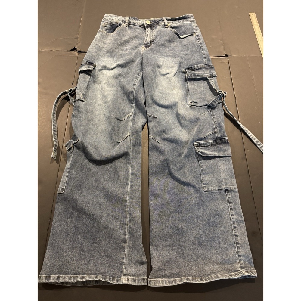 VIP Jeans Women's Blue Wide Leg Cargo Denim Pants with Side Pockets Size 11/30